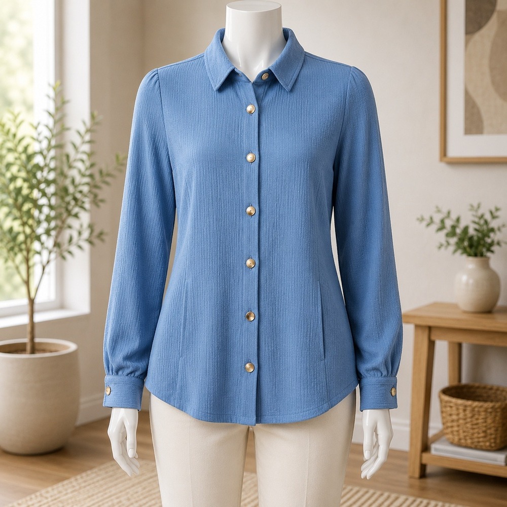 NWOT Belle Kim Gravel Waffle Knit Shirt Womens Large Blue Button Up Long Sleeve